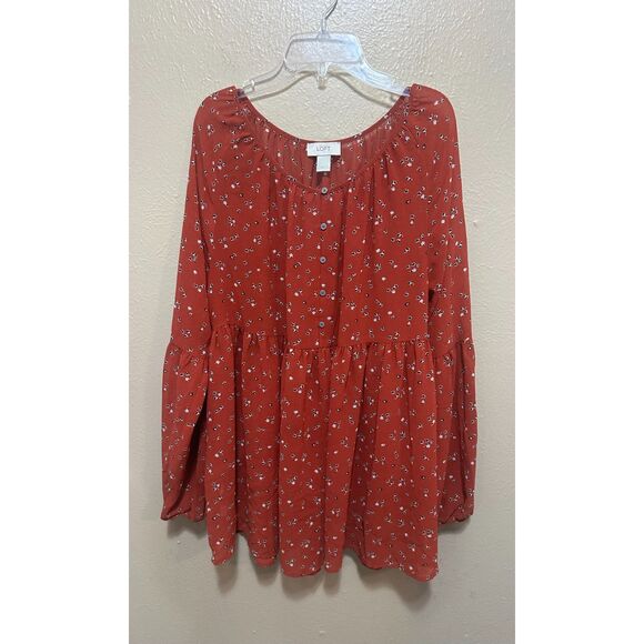 LOFT Womens Large Dark Orange‎ Floral Button Front Peasant Blouse Fall Boho Top - Picture 1 of 7